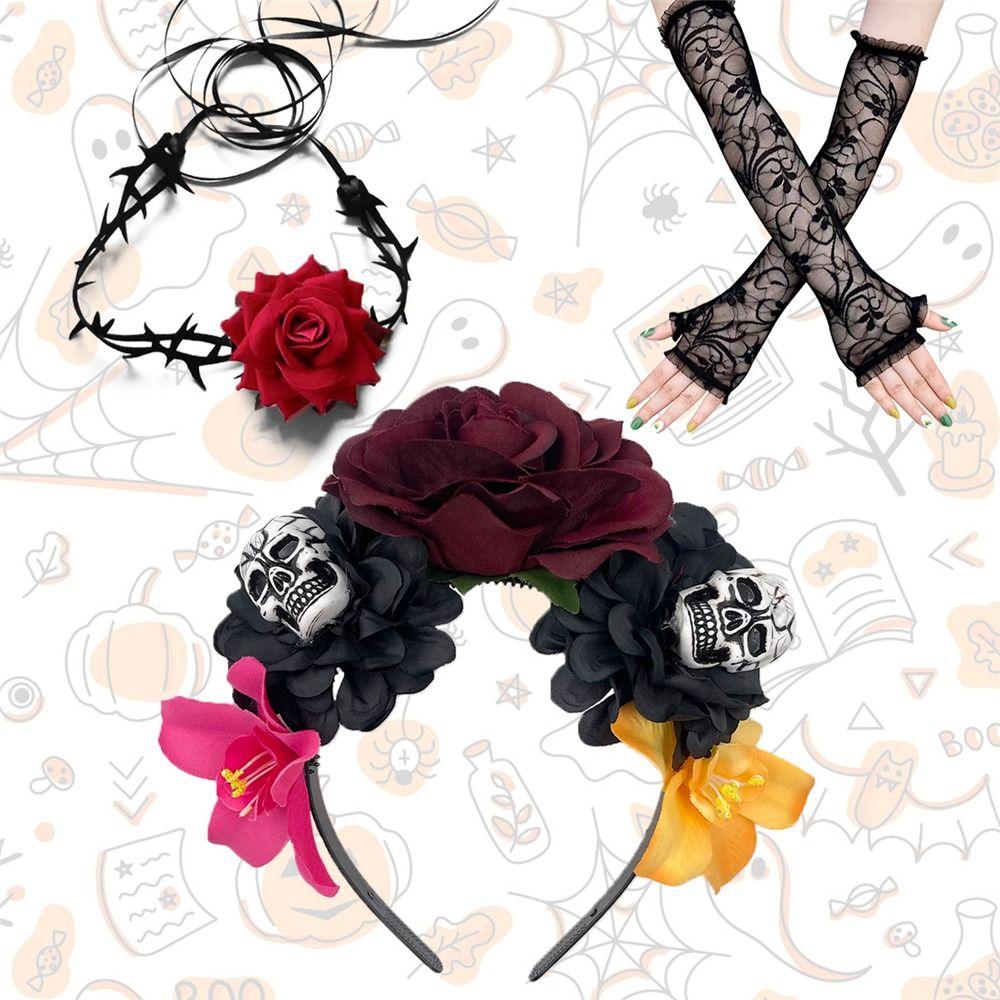 Novelty Halloween Costume Accessories Day of The Dead Headpiece Rose Flower Necklace  for Women
