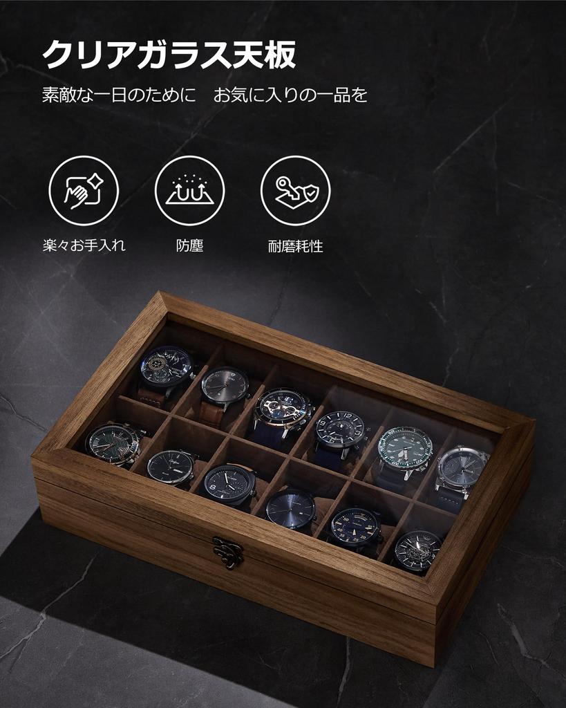 SONGMICS Watch 12 Kolekcja zegarków z drewna z przezroczystym akcesorium do zegarka Prezent na urodziny i dzień JOW120K01 Etui, części, przechowywanie, etui,