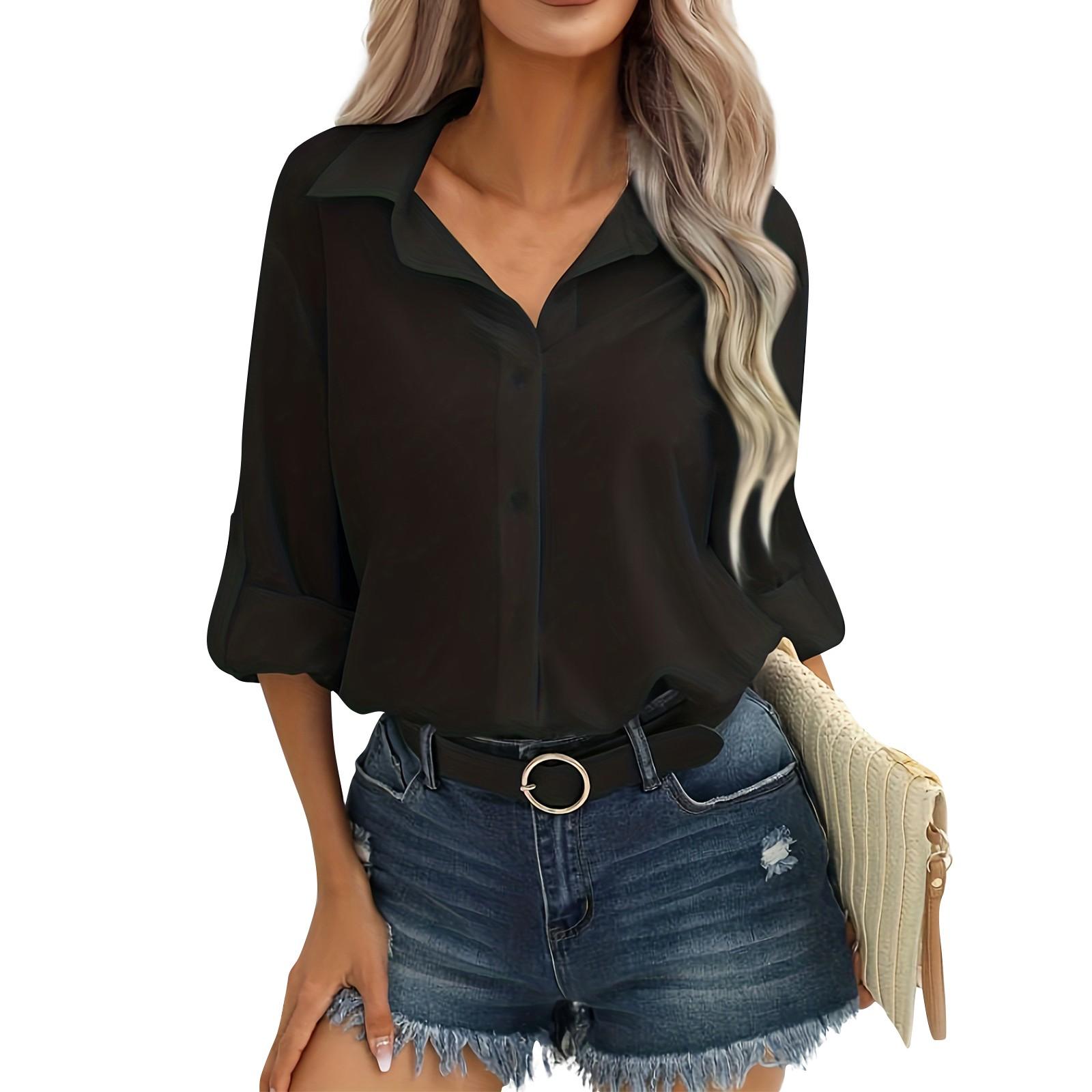 

Женская модная однотонная рубашка в стиле casual XXL чёрный