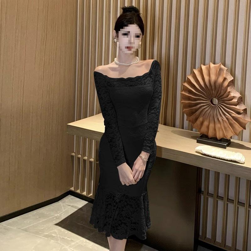 

2024 Autumn/Winter One-Shoulder Lace Mermaid Bodycon Dress XL чёрный