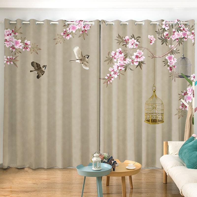 2PCS New Chinese Flower and Bird Print Semi-blackout Curtain Custom Hook Grommet Top Model Living Room Bedroom Window Curtain