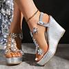 Women's Wide Width Rhinestone Sandals, Platform Wedge Roman Shoes, Peep Toe Summer Slides for Women
