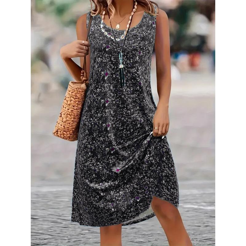 VEZFAA Dámská móda Léto Jaro Květinový potisk Bez rukávů Výstřih do O Volný pas Neformální šaty