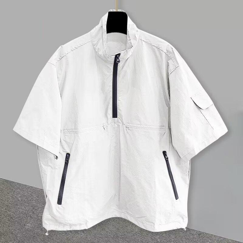 

Men s Summer Solid-Color Workwear Stand-Up Collar Jacket: Korean-Style, Stylish, Loose-Fit, Half-Zip Design, Short-Sleeve Top 2XL білий