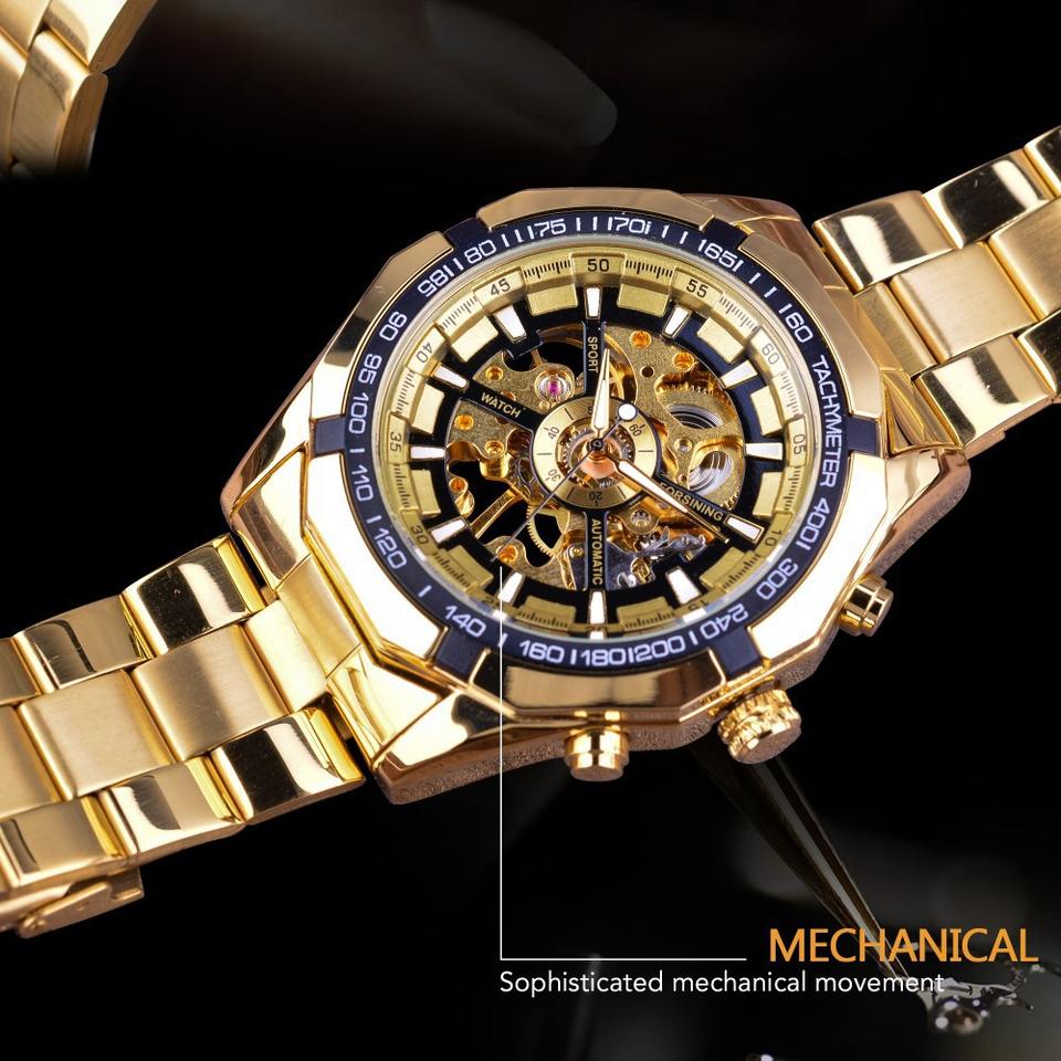 Forsining Hot Gold Men Automatic Mechanical Watches Luxury Skeleton Men's Gift Watch Stainless Steel Wristwatches Luminous
