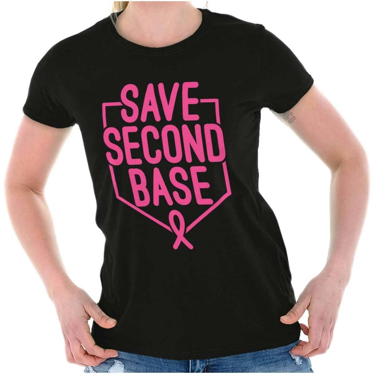 Save Second Base Breast Cancer Awareness BCA Womens Top Junior Graphic Tee L