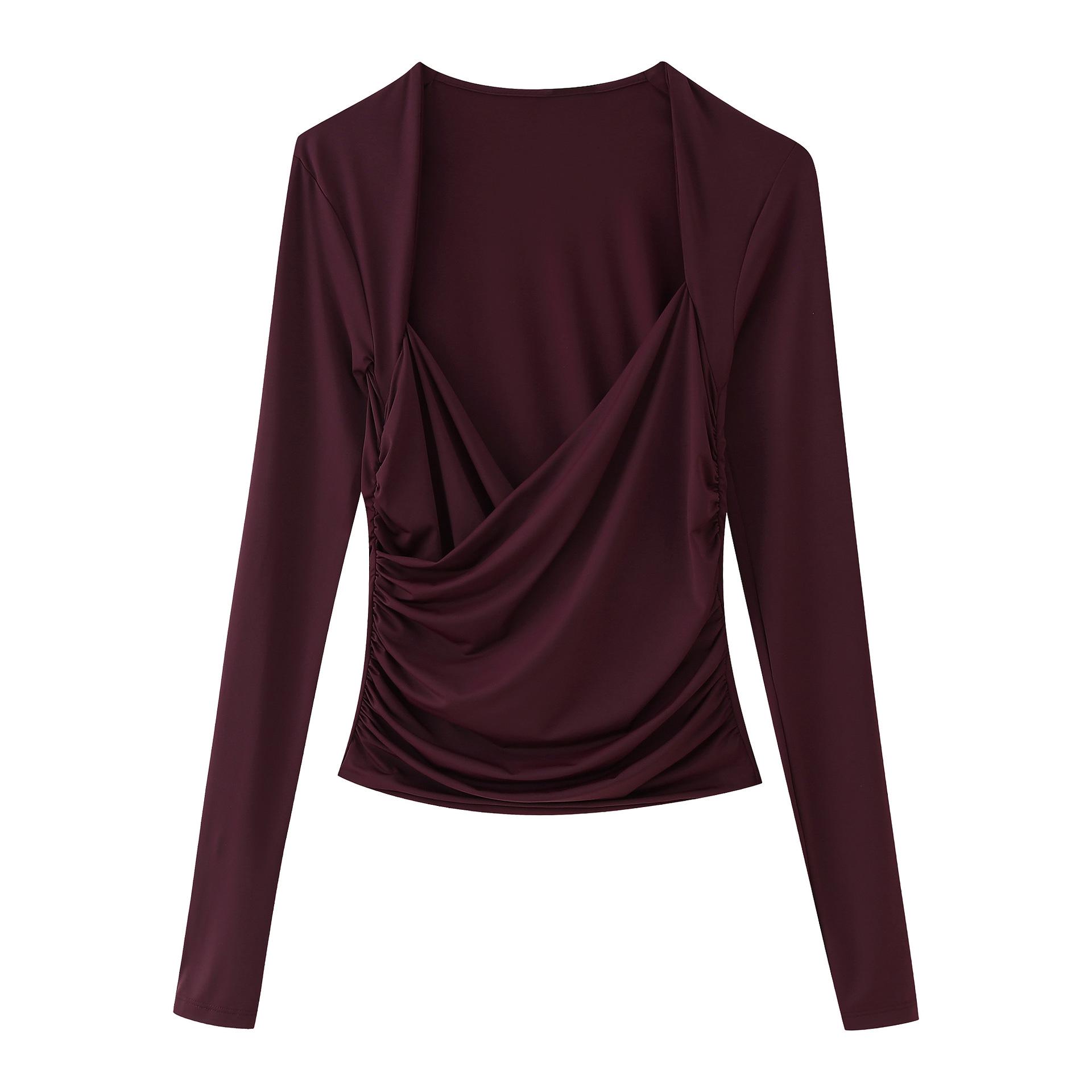 

Весна 2025 Женский Европейский и Американский Стиль Топ из Нейлона с Драпированным Вырезом и Плиссированными Длинными Рукавами Small красный