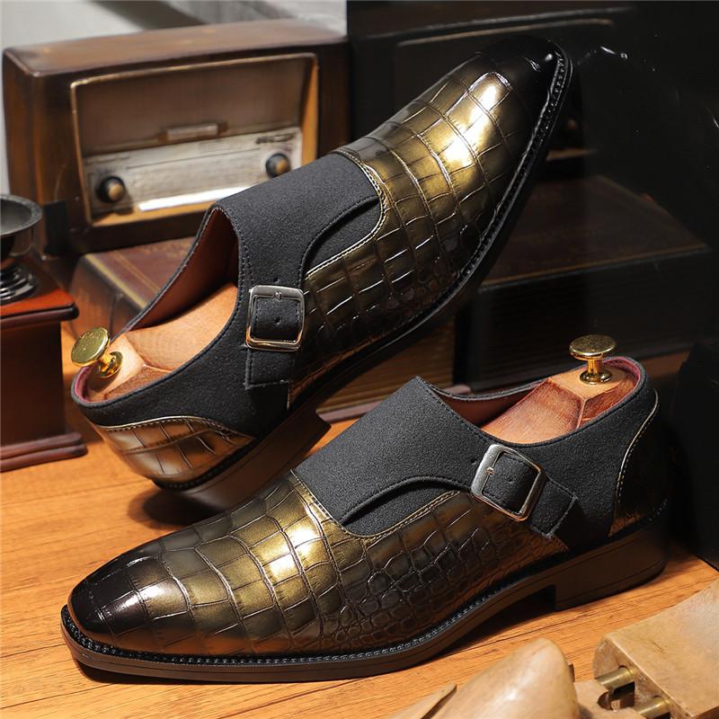 New Britain Men's Pointed Alligator Pattern Slip On Casual Shoes Business Monk Strap Loafers Formal Wedding Dress Footwear