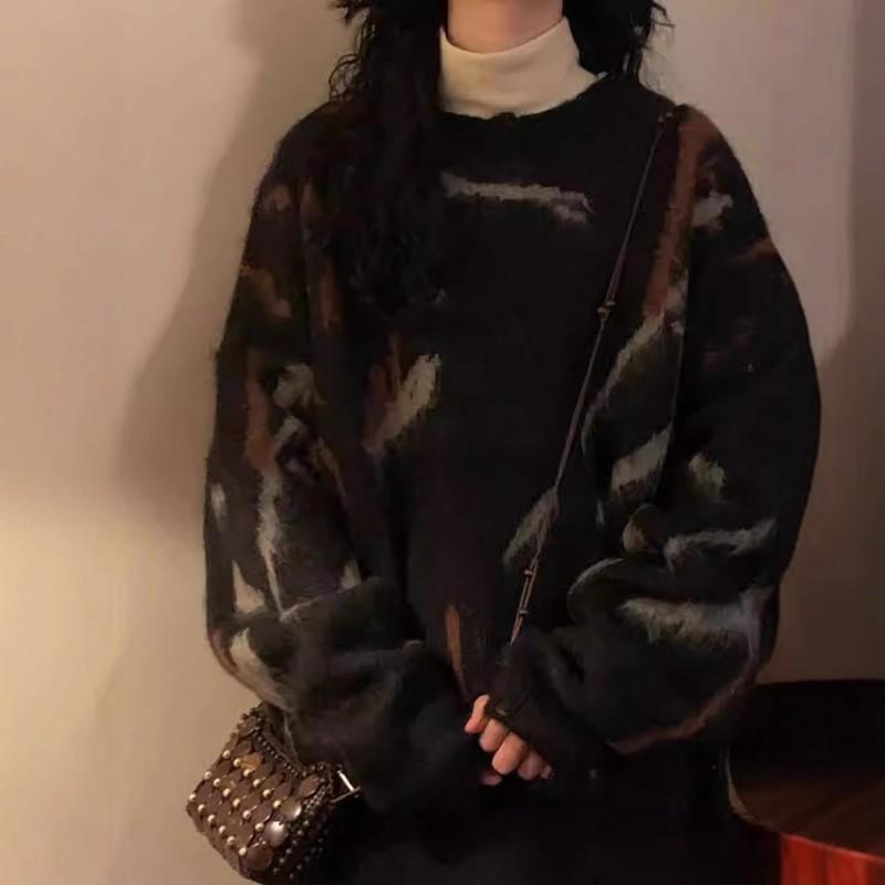 2026 Oversized Mohair Blend Knit Sweater Women Loose Fit Casual Round Neck Pullover In Black Beige