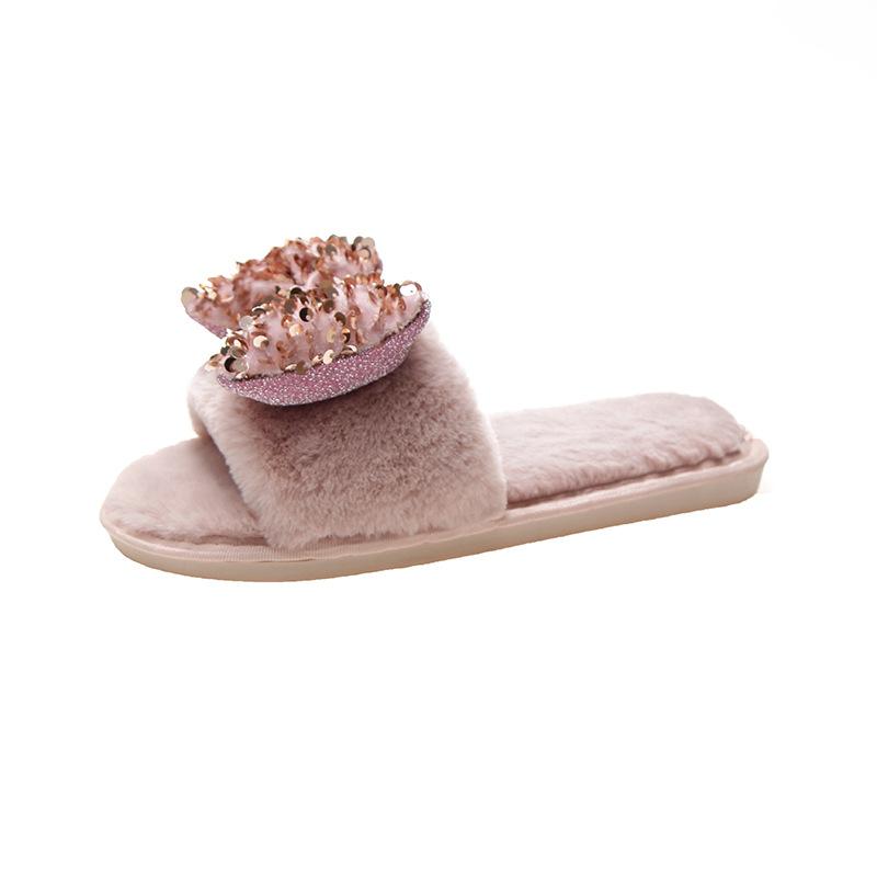 

Mao Mao slippers Korean version sequined bow one-word Mao slippers autumn and winter indoor fashion floor cotton slippers 42-43 розовый