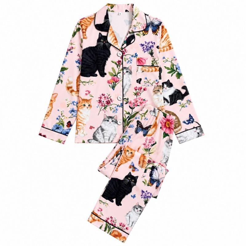 2026 Long Sleeve Cat Pajamas Set Middle-Aged Women Milk Silk Loungewear S-XL