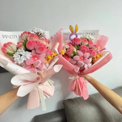 Novo Tulipa Rosa Cor Macaron Material de Fio Felpudo Pacote Raiz Top Tira de Tricô Super Densidade Pelo Criptografado DIY Buquê de Flores