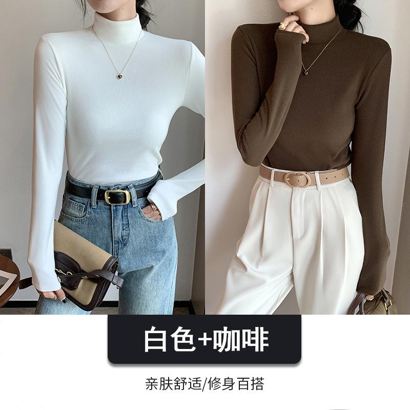Combination Semi-turtleneck Double-sided German Velvet Bottoming Shirt for Women's Autumn and Winter with Solid-color Warm Long-sleeved Top