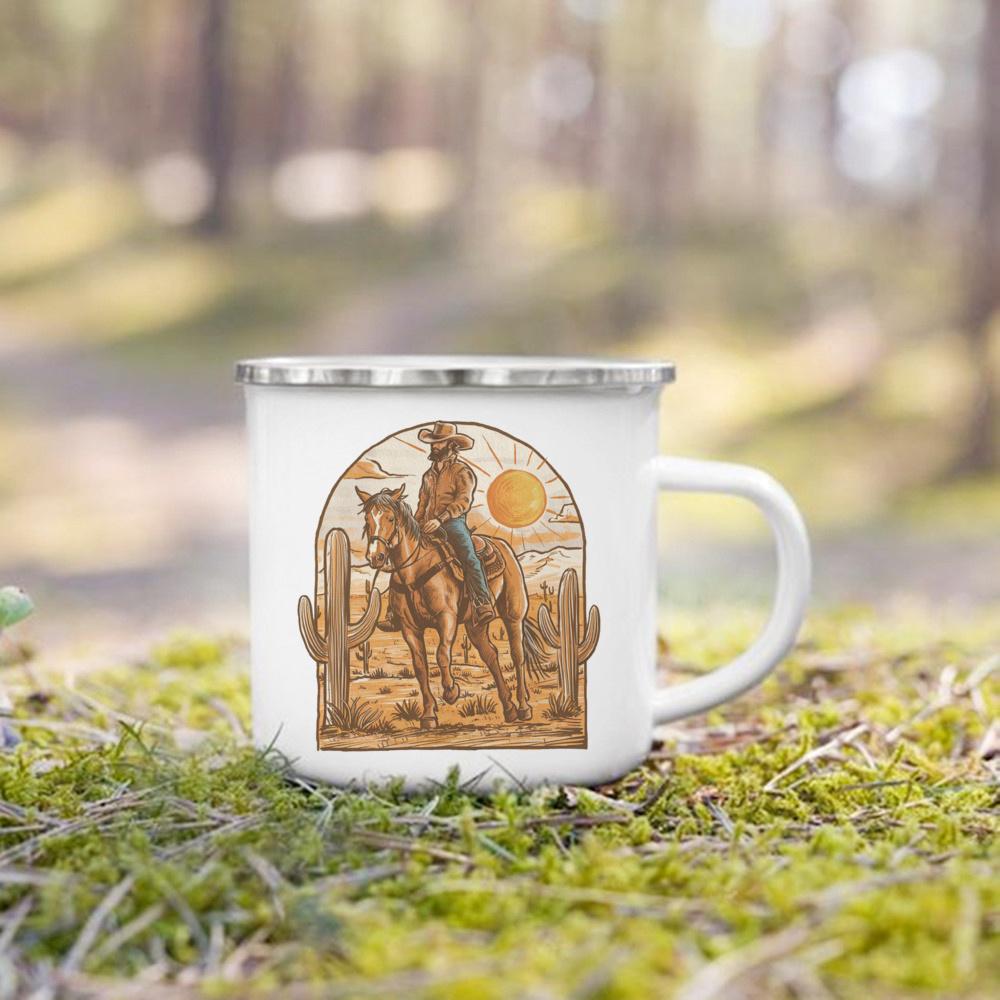 West Cowboy Printed Camper Mugs Camping Enamel Mug Adventure Campfire Party Beer Juice Cup Gifts for Camper Best Gift for He Her