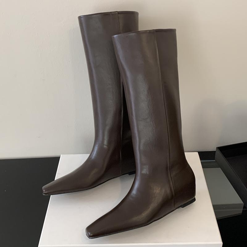 Fashion Eilyken Soft Leather Pointed Toe Women Knee High Boots Fashion Wedges Low Heels Ladies Shoes Long Booties Zapatos De Mujer