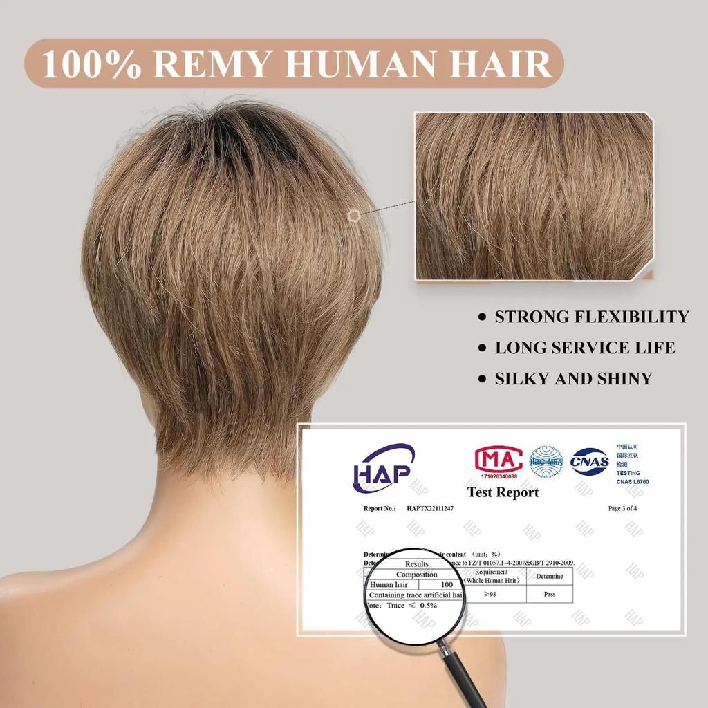 Haircube perucas dianteiras do laço ombre marrom remy cabelo humano cinza marrom pixie corte de cabelo com bang curto peruca reta para as mulheres bob peruca humana
