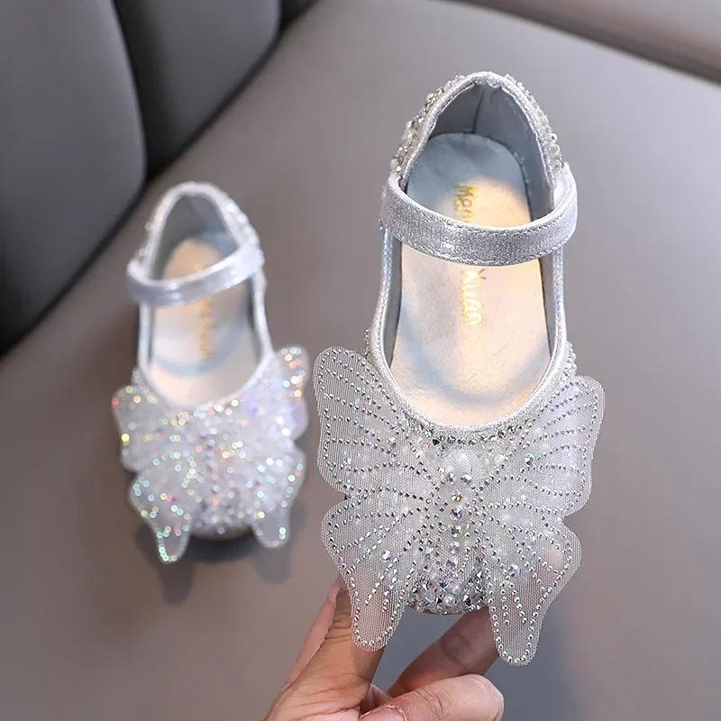 Girls Leather Shoes Children's Lace Butterfly Rhinestone Pearls Beading Performance Single Shoes Fashion Weeding Kids Shoes