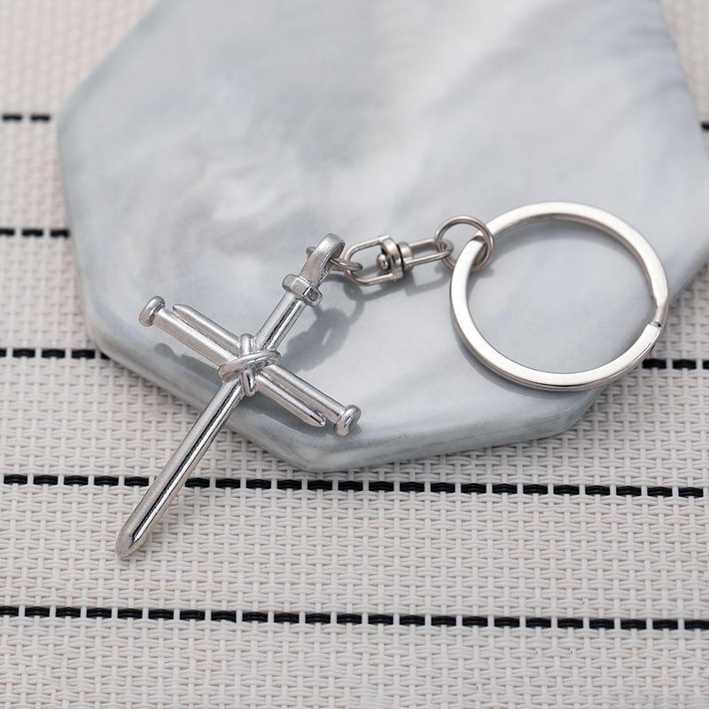 Nail Cross Stainless Steel Keychain Punk Personality Design Fashion Metal Pendant Practical Student Bag Gift