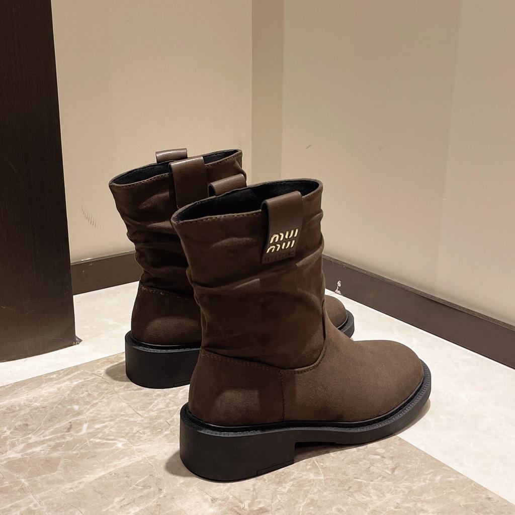 Fleece retro pleated suede Martin boots 2024 autumn and winter new small pile boots small short boots women