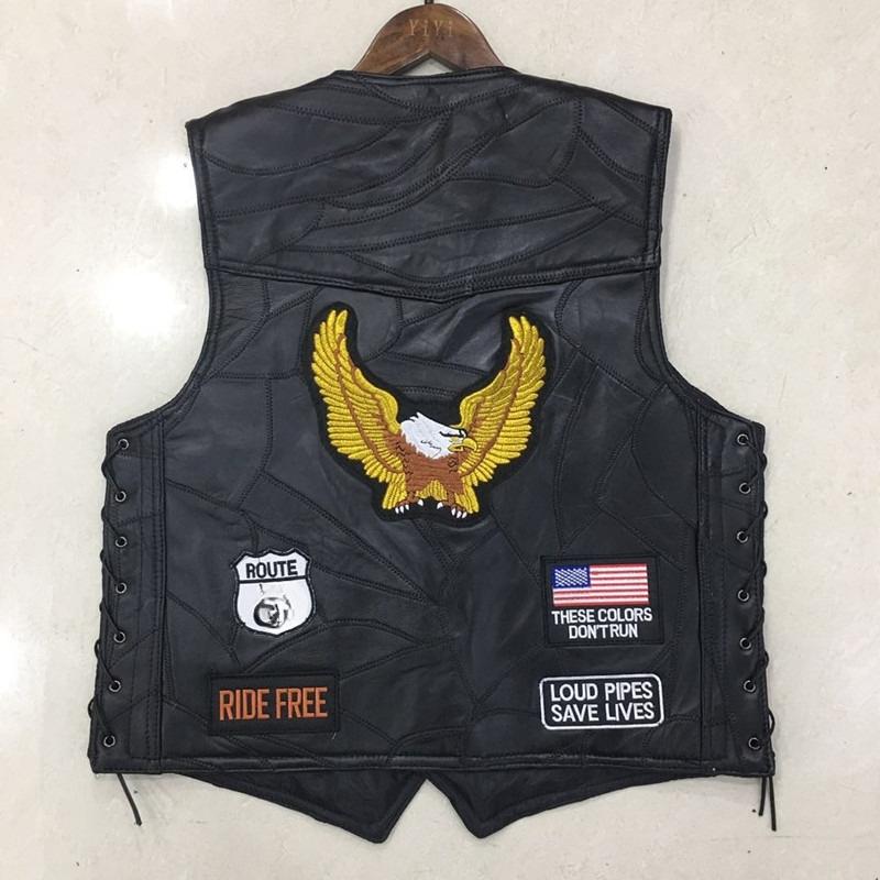 Chaleco de montar para locomotora de tendencia europea y americana, chaleco de cuero, chaleco de cuero para hombre, insignia bordada, versión de malla de varios chalecos