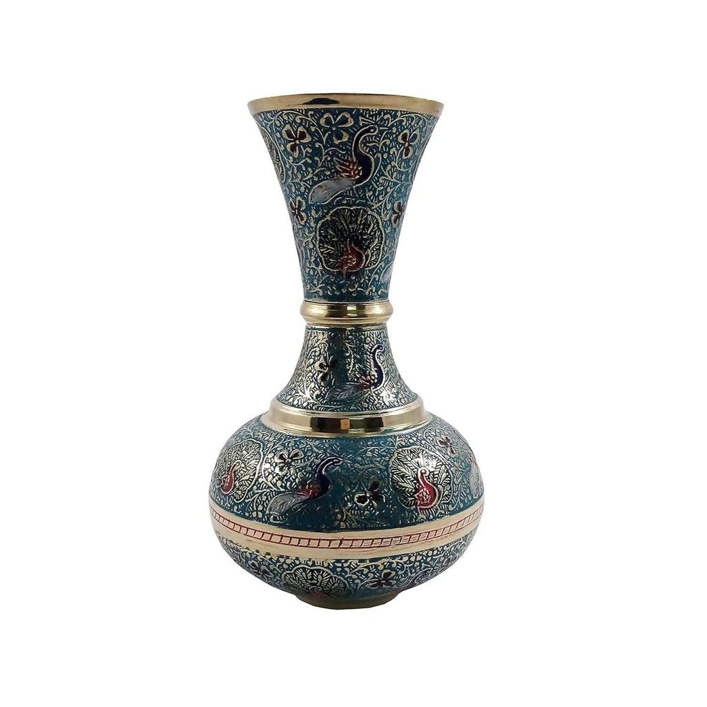 Antique Hand Crafted Brass Sky Blue Flower Vase Lutia Pattern 15 Cm