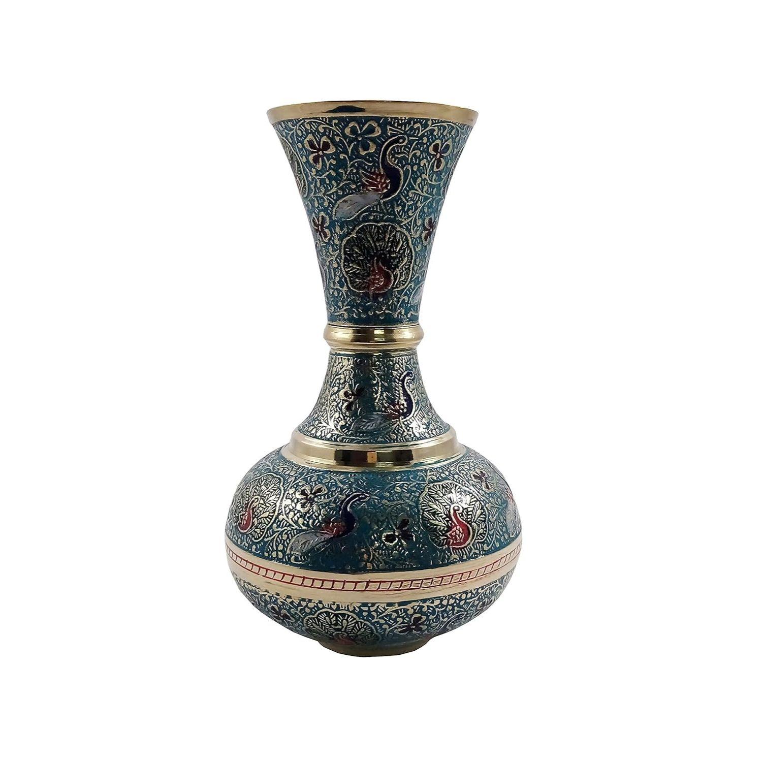 

Antique Hand Crafted Brass Sky Blue Flower vase Lutia Pattern 15 cm