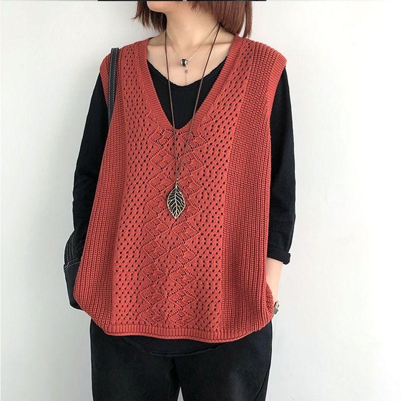 

Spring and Autumn Hollow Out Sleeveless Women Knitted Vest Sleeveless Sweater V-Neck Knitted Top Plus Size S червоний