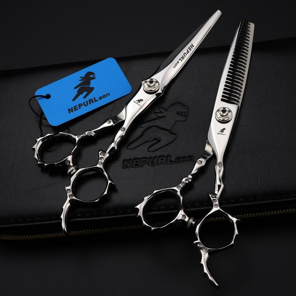6.0-Inch 440C Silver Tail Handle Scissors: Hairdressing, Barbering, Straight, Serrated, Thinning Scissors