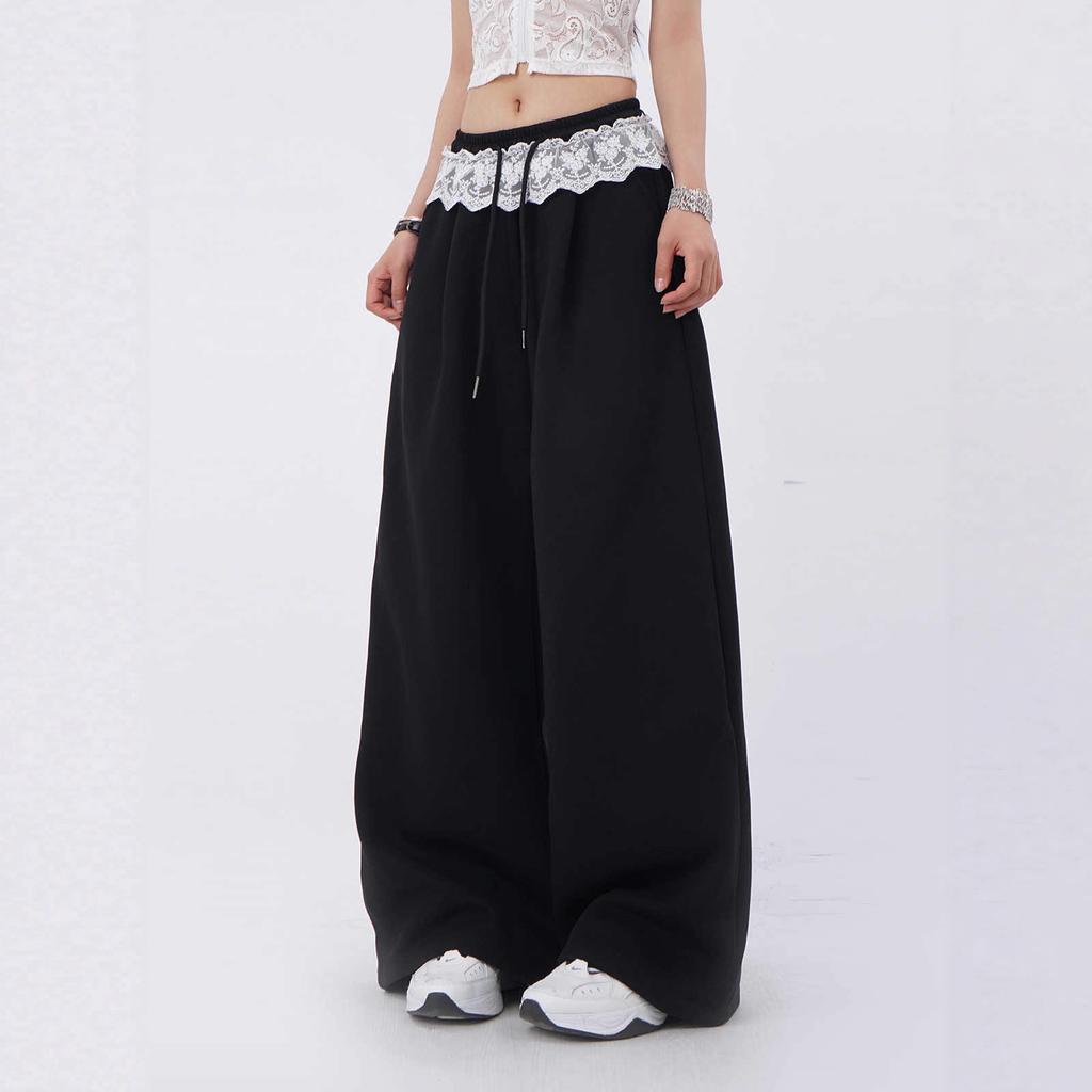 Lace Splicing Jazz Dancing Fart Curtain Pants Niche Loose and Thin Black Sports Casual Wide-leg Pants Black Wide-leg Pants