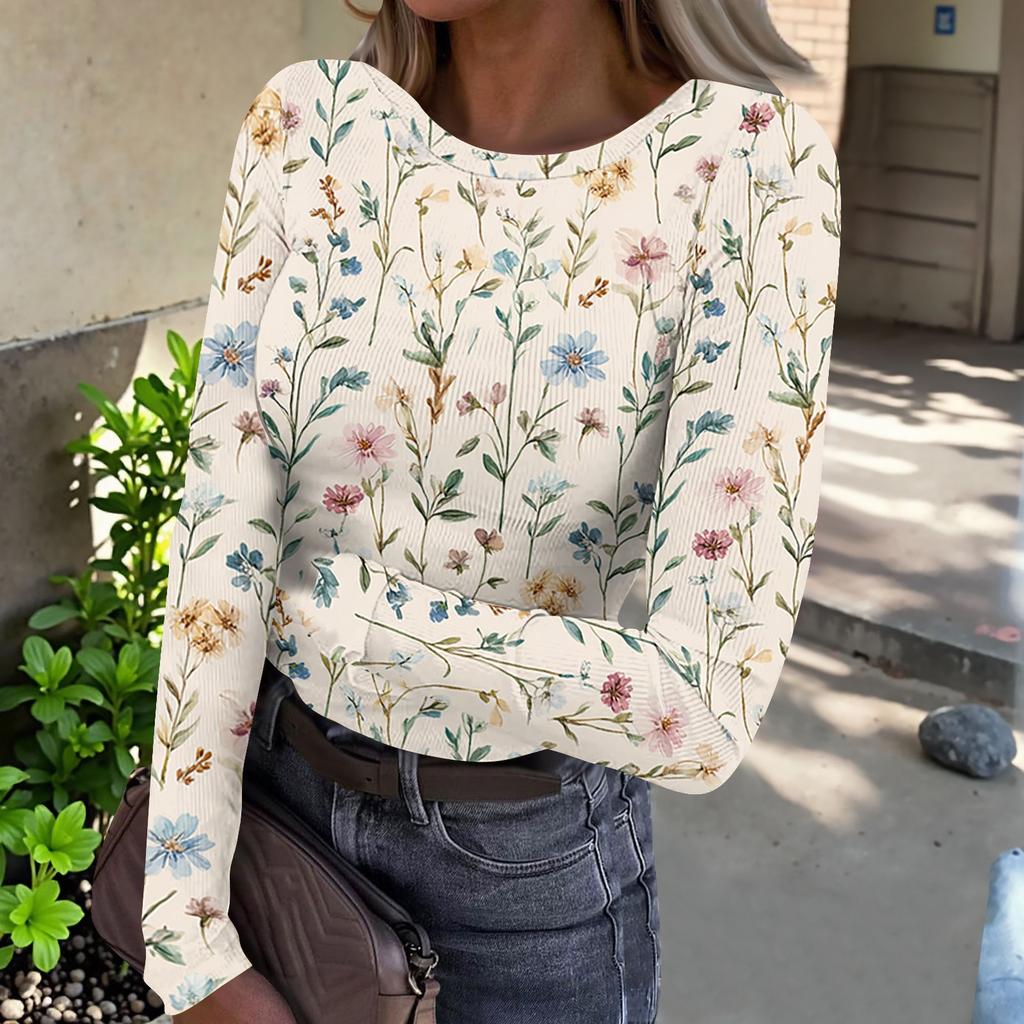 Women Casual Crew Neck Long Sleeve Ribbed Top with All Over Floral Print Lightweight Pullover Blouse for Daily Wear