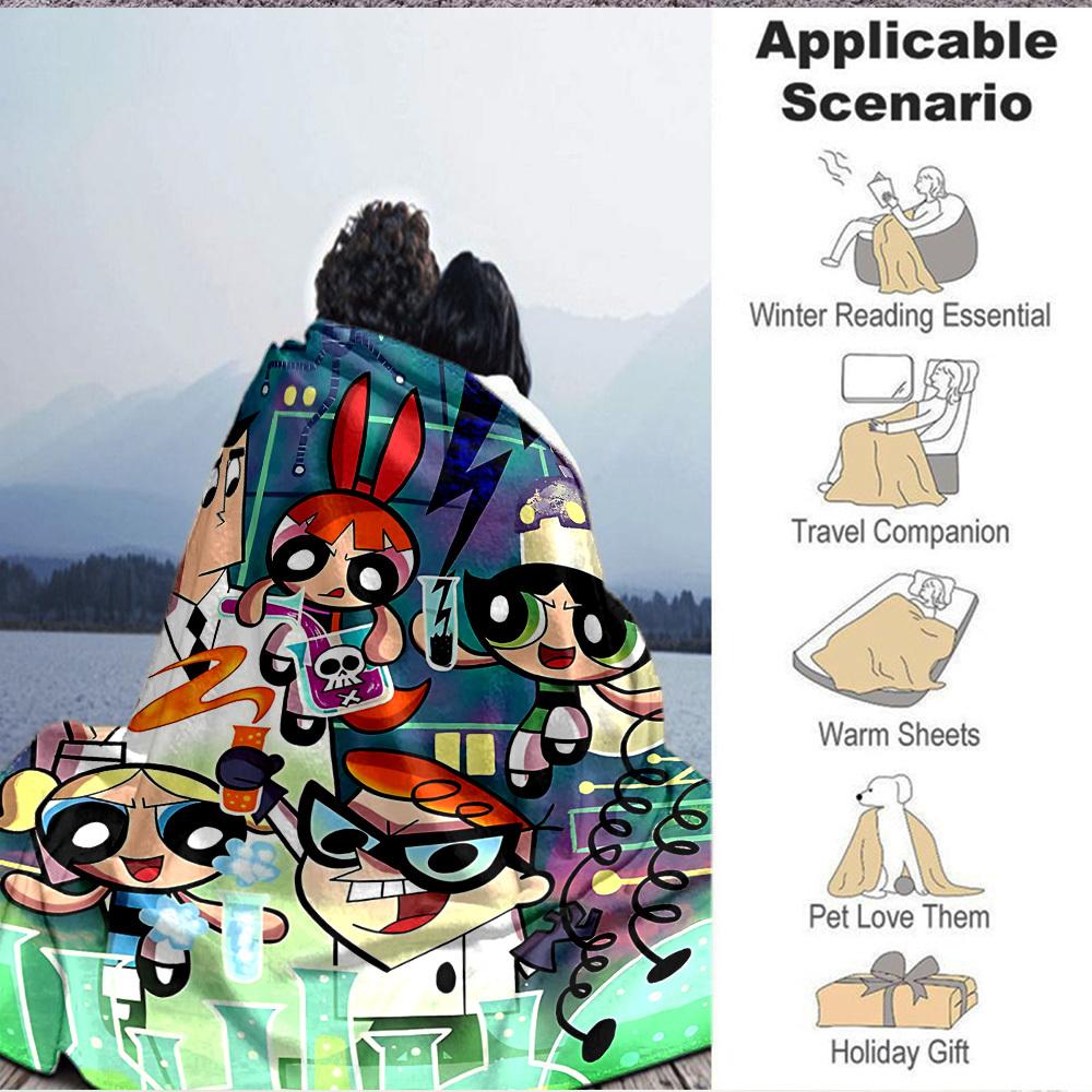 1pc Powerpuff Girls Science Lab Cozy Print Blanket Lightweight Warm Flannel Throw Blanket For Sofa, Bed, Living Room