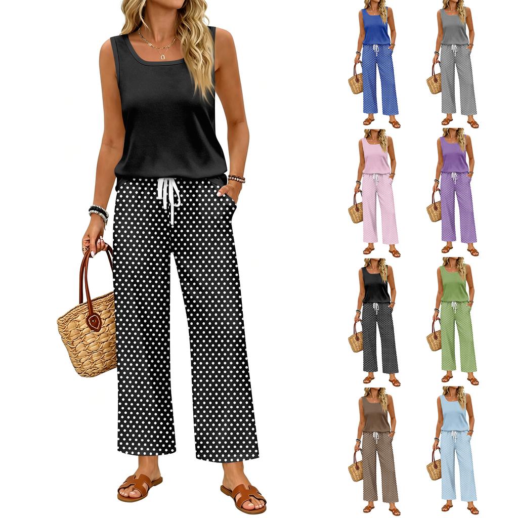 Women Sleeveless Tank Top and Wide Leg Pants Two Piece Set Polka Dot Print Elastic Waist Casual Lounge Wear for Travel Vacation Home