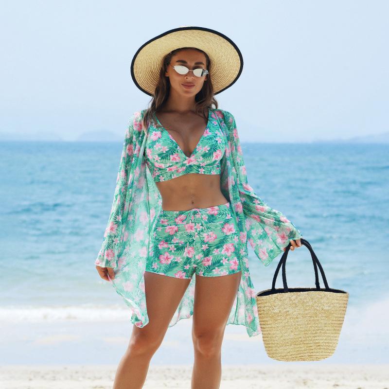 3 Piece Tropical Floral Print Bikini Set V Neck Boy Shorts Long Sleeve Sheer Cover Up Sexy Push Up Beach Vacation Bathing Suit