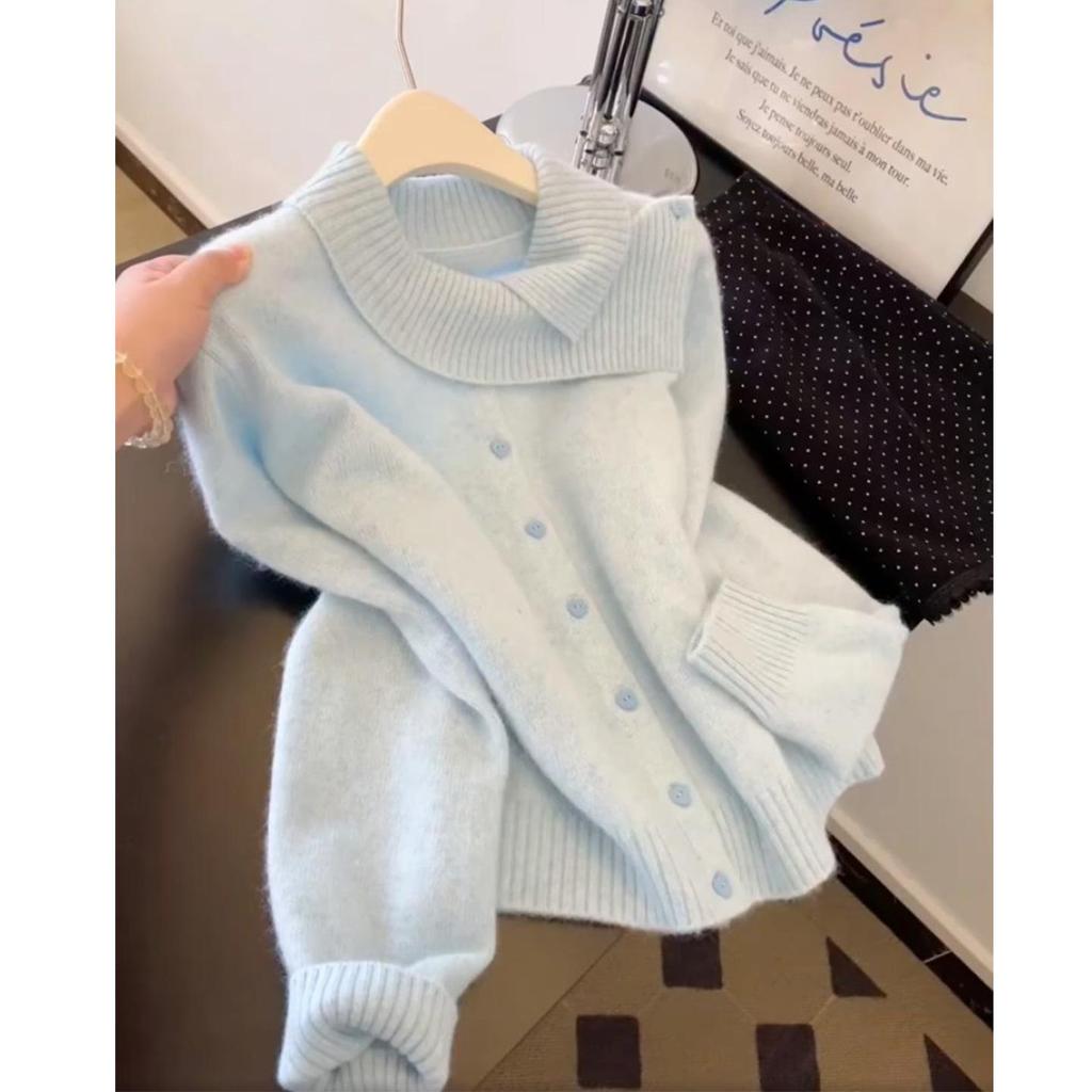 2025 Autumn/Winter Blue Lapel Button Knit Cardigan - Loose, Slimming, Versatile Sweater, Warm Outerwear