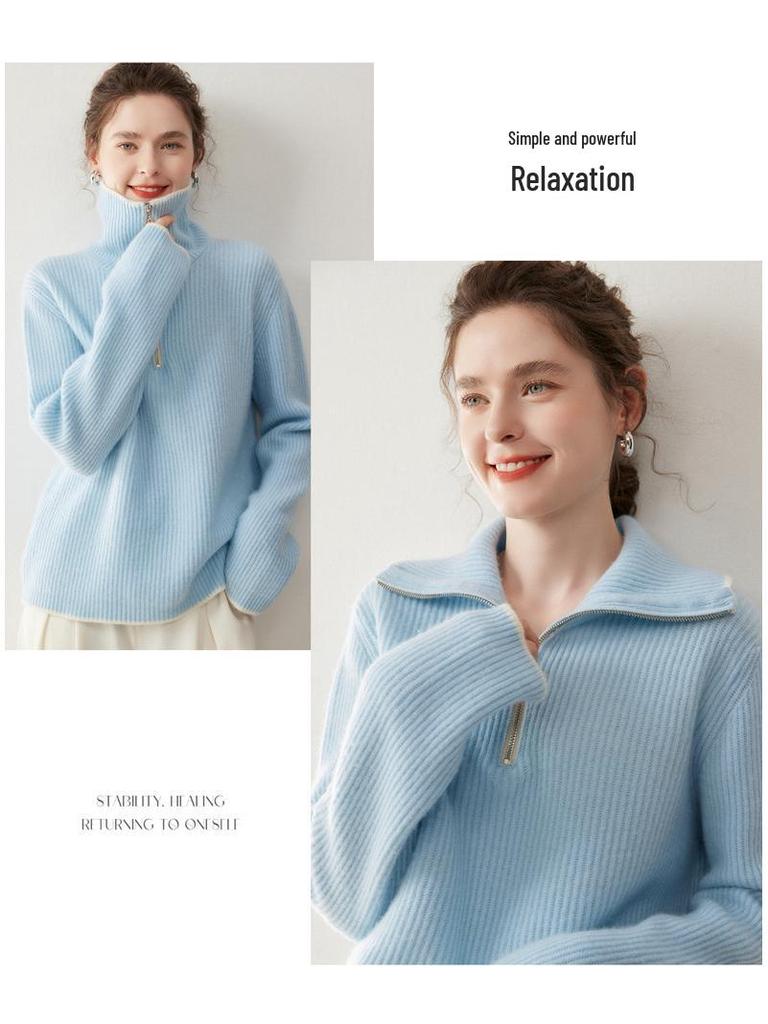 Women's Korean Style Half-Zip Cashmere Sweater - Loose, Slimming, Thickened Pullover with Turn-Down Collar for Autumn/Winter.