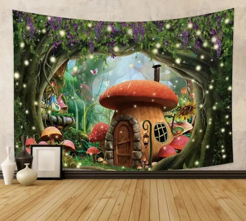 Magical Mushroom Village Tapestry  Whimsical Fantasy Wall Art Large Enchanting Home Decor Tapestry
