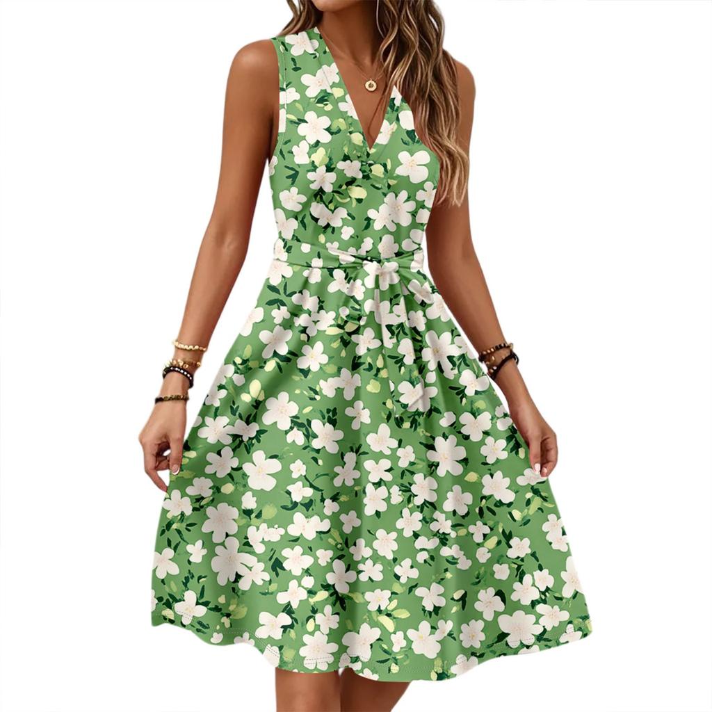 Women's Spring And Summer Casual V-Neck Sleeveless Waist Floral Print Midi Dress