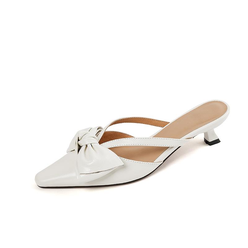 Point Toe Thick Heels Mules Women Pumps Genuine Leather Slippers Fashion Bowknot Shoes Woman 2024 Spring Summer Office Casual
