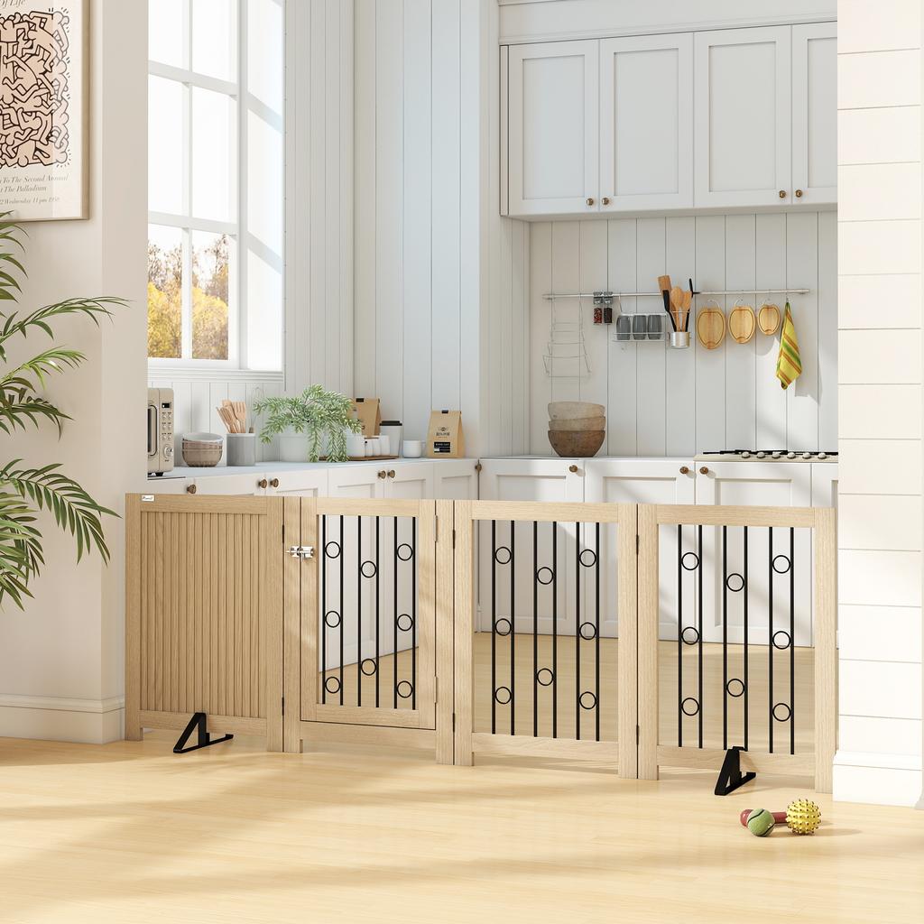 4 Panel Freestanding Pet Gate, Indoor Dog Barrier with Lockable Door, Support Feet, 360 Degrees Flexible Hinges, Oak