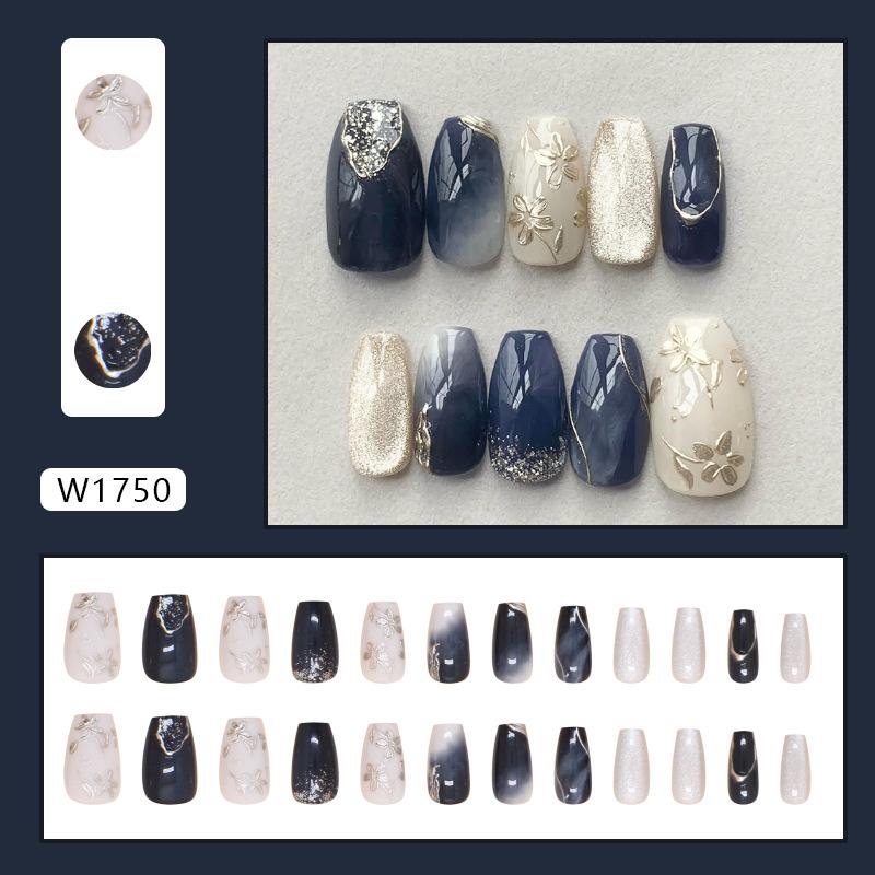 Fake nails simple wear nail peach blossom printing fake nails silver cat eye removable nail art pieces 24 pieces