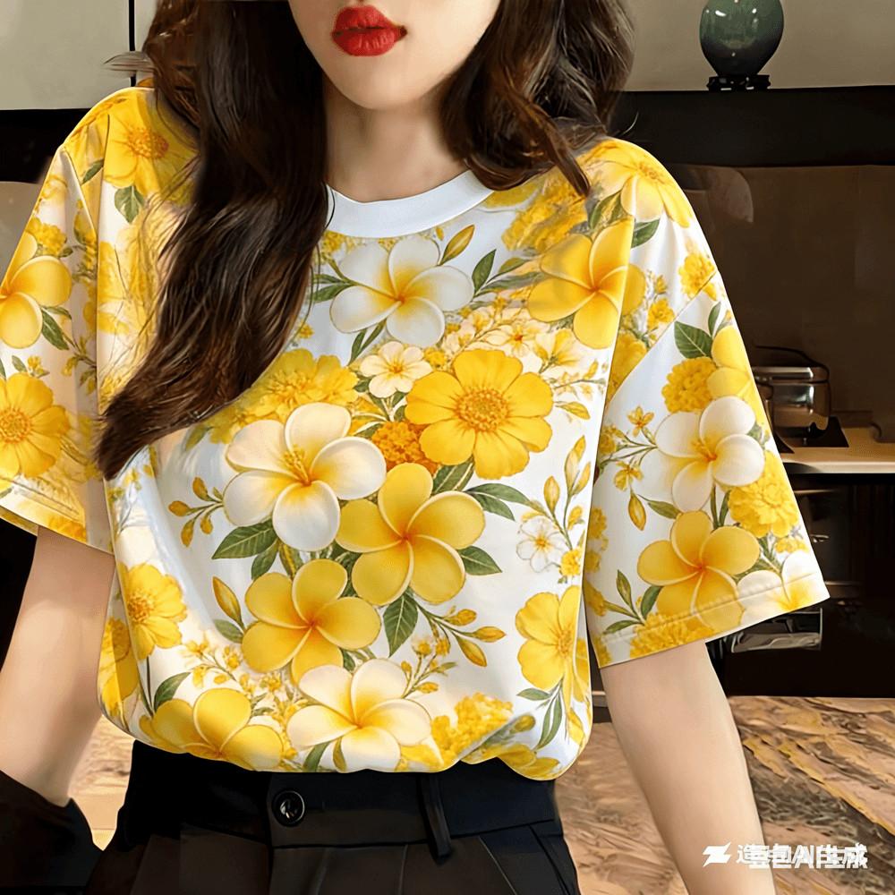 Neutral casual printed flower T-shirt 2XS