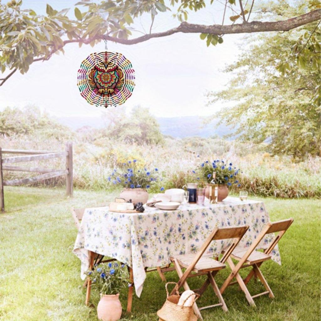Colorful Mandala Owl Wind Chime for Outdoor Garden Patio Decor Weatherproof 2D Rotating Hanging Art with 360 Degree Hook Holiday Gift