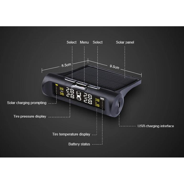 Original Solar Power USB TPMS Car Tire Pressure Monitoring System LCD 4 External / Internal Sensors for SUV Temperature Warning