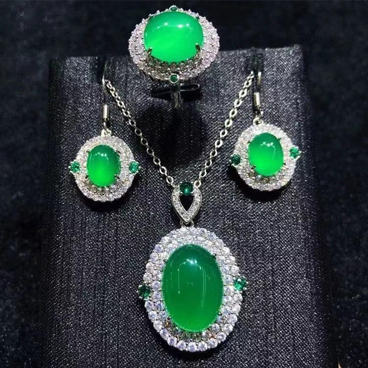 Elegant Dark Green Agate Jewelry Set: Popular Douyin Style, Hot Seller, 3-Piece Imitation Emerald Collection