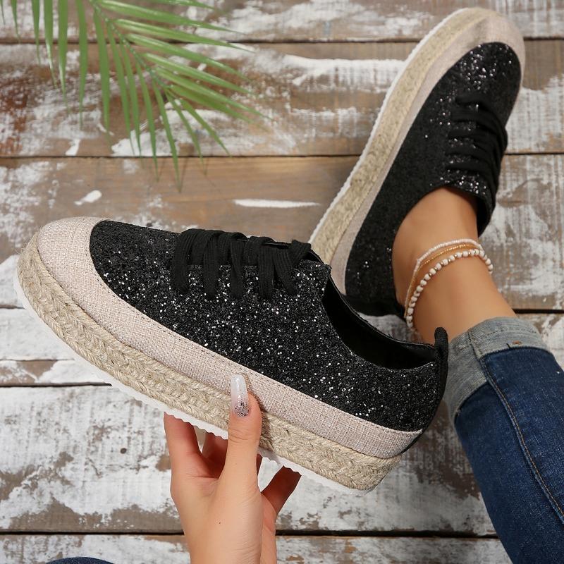 Ladies Shoes 2024 High Quality Lace Up Women's Vulcanize Shoes Autumn Round Toe Sequins Solid Platform Casual Plus Size Shoes