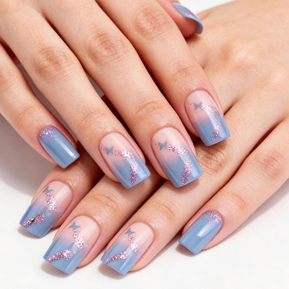 Glossy Square Wearable Nails - Blue Gradient with Silver, Purple, and Pink Butterfly Art (24 Pieces)
