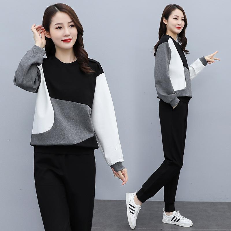 European Contrast Color Women's Velvet Sweatshirt and Trousers Set for Autumn/Winter