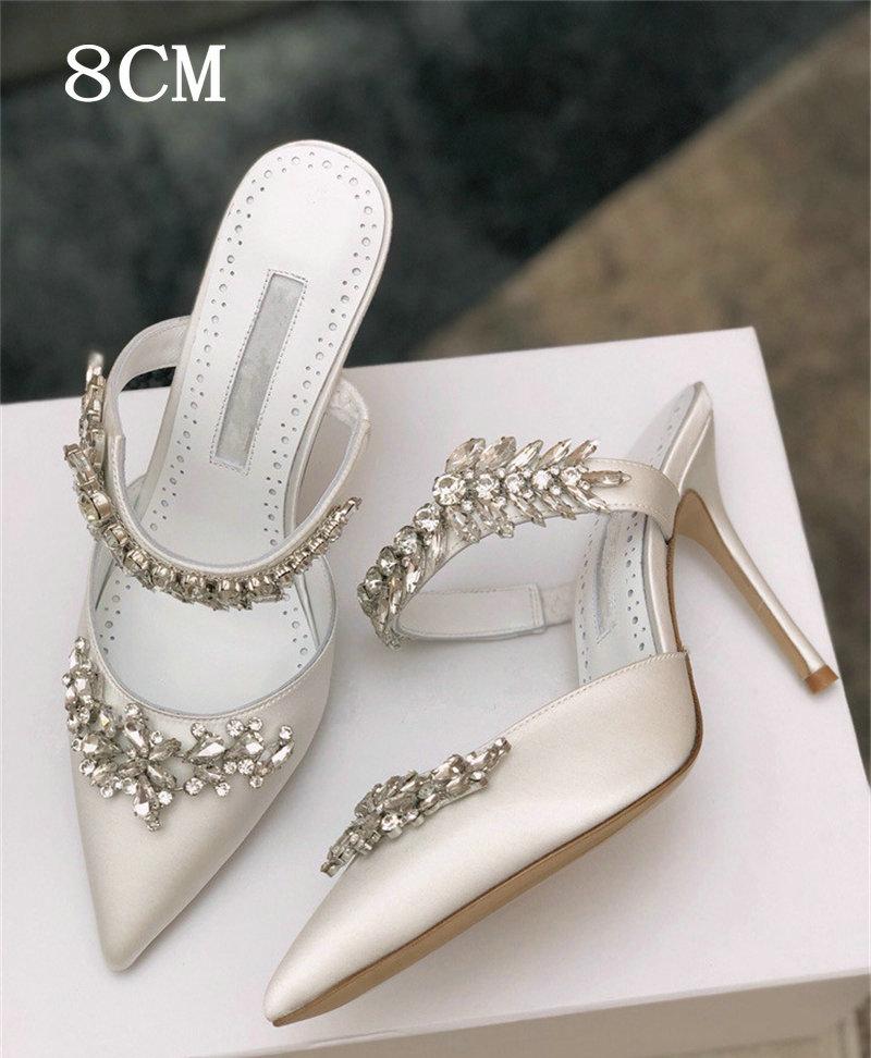 Fashion Couture! French Pointed Flat Sandal Rhinestone Goddess Fan Niche Design Sense High Heel Half Drag