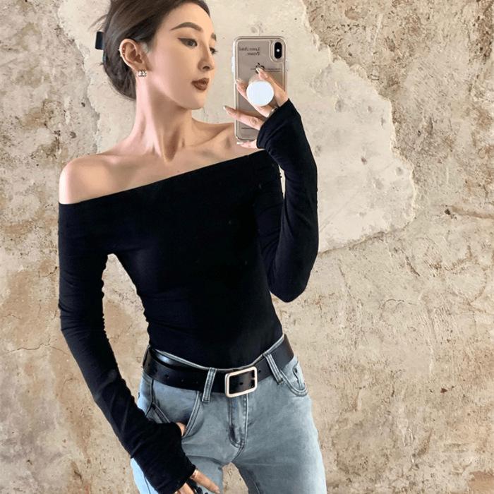 

92 cotton 8 elastane 210g hot girl red shoulder bottoming shirt women s pure desire sexy inner long sleeve versatile t XL чорний