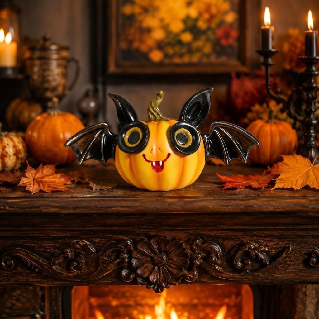 Halloween Pumpkin Bat Figurine Resin Double Layer Pumpkin Bat Statue Tabletop Decoration for Halloween Party Indoor Home Fireplace Shelf Display